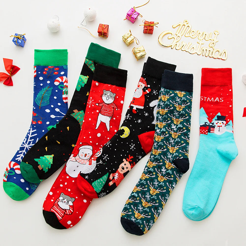 New Christmas Socks Men Funny 2024 Christmas Tree Snowflake Santa Claus Elk Snow Cotton Happy Socks Men New Year Sokken Harajuku