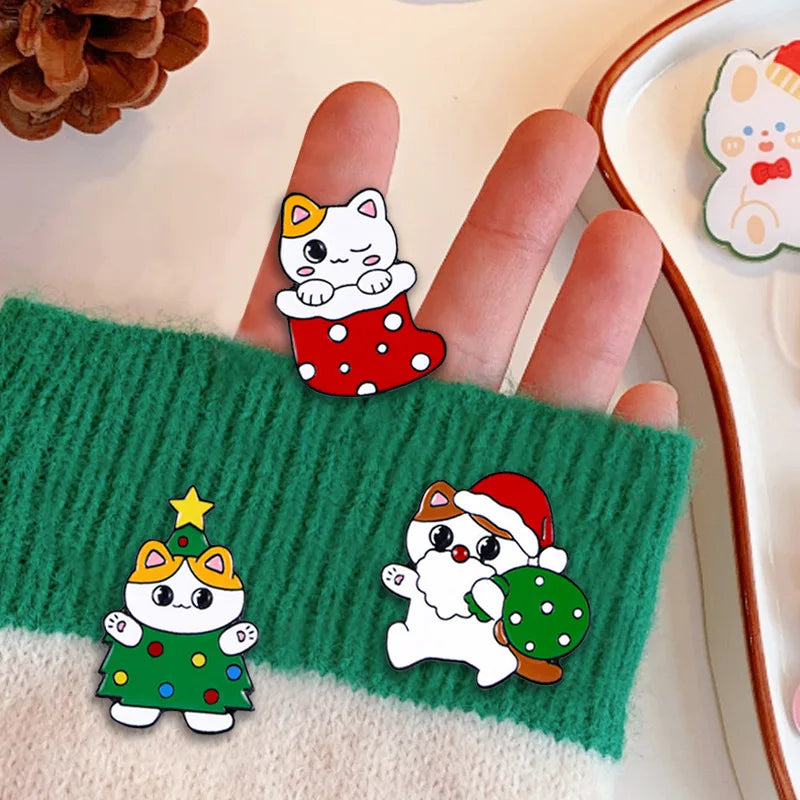 Cute Cartoon Christmas Cat Enamel Brooch Creative Stocking Tree Santa Claus Lapel Pin Badge Backpack Clothing Hat Accessories