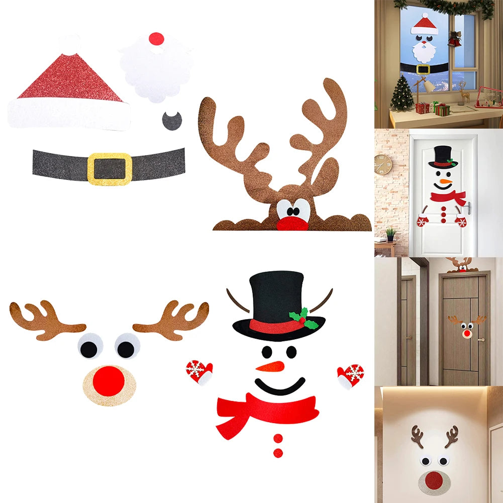 Christmas Door Window Stickers Felt Cloth Snowman Santa Claus Elk Wall Sticker Christmas Home Decoration Happy New Year 2024