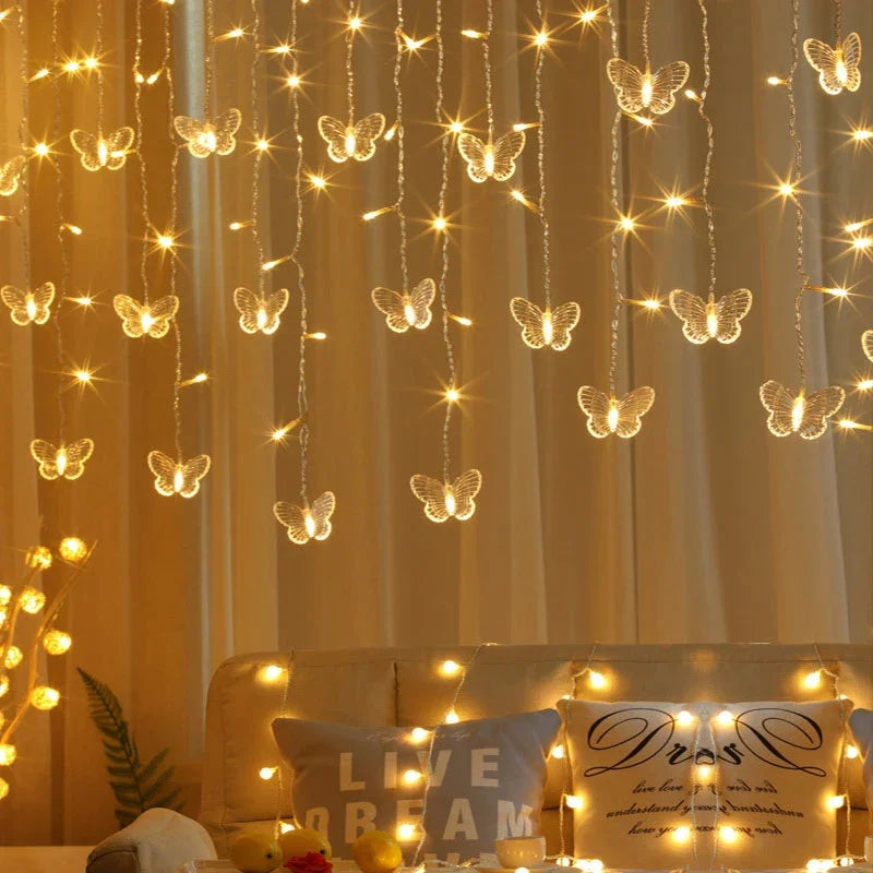 3.5M LED Butterfly Icicle Curtain Garland Fairy String Lights Indoor for Valentine's Day Room Wedding Birthday Party Decoration