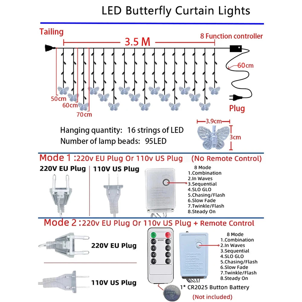 3.5M LED Butterfly Icicle Curtain Garland Fairy String Lights Indoor for Valentine's Day Room Wedding Birthday Party Decoration