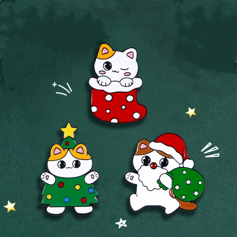 Cute Cartoon Christmas Cat Enamel Brooch Creative Stocking Tree Santa Claus Lapel Pin Badge Backpack Clothing Hat Accessories